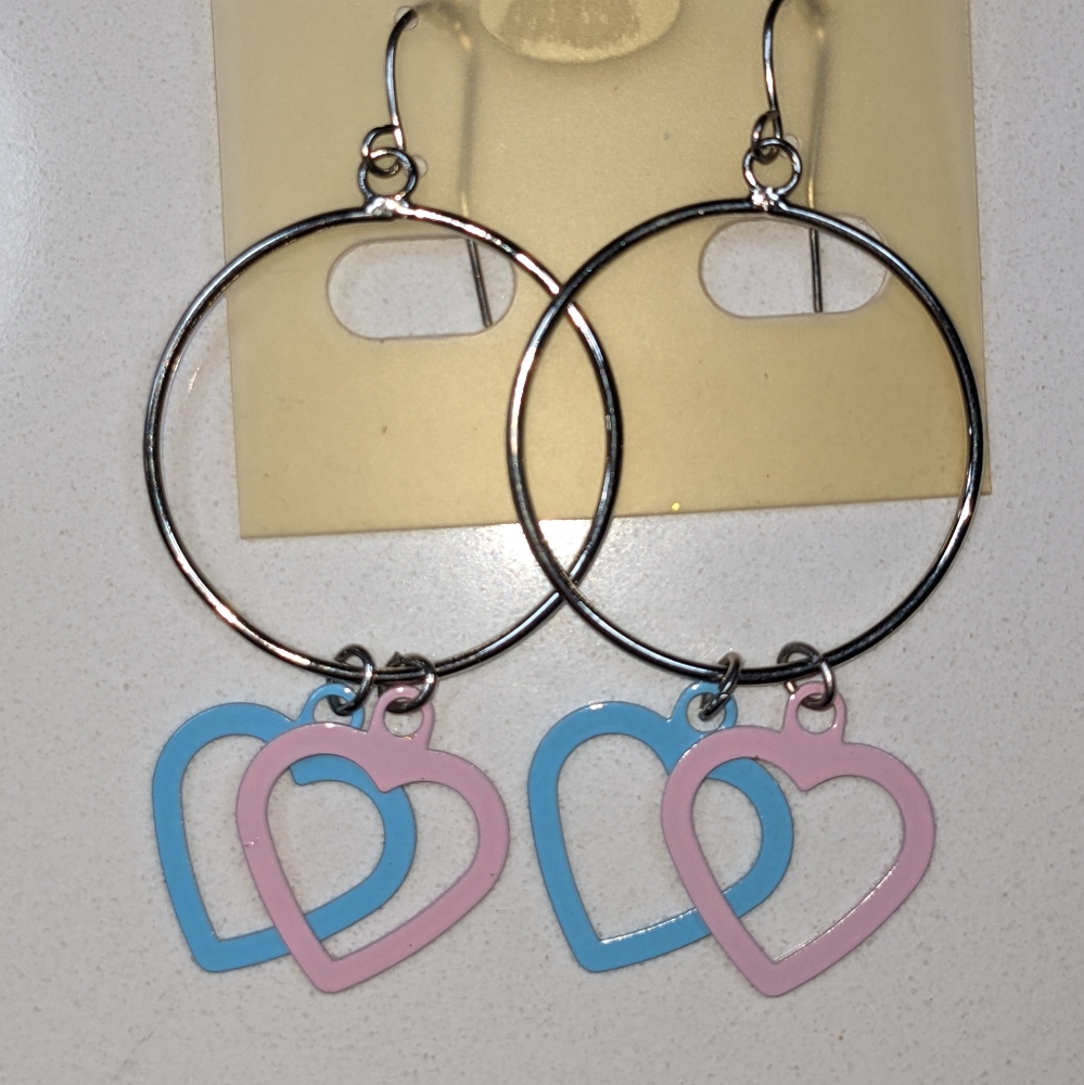 Gender Reveal party earrings maternity hoops hearts dangle pink blue hook